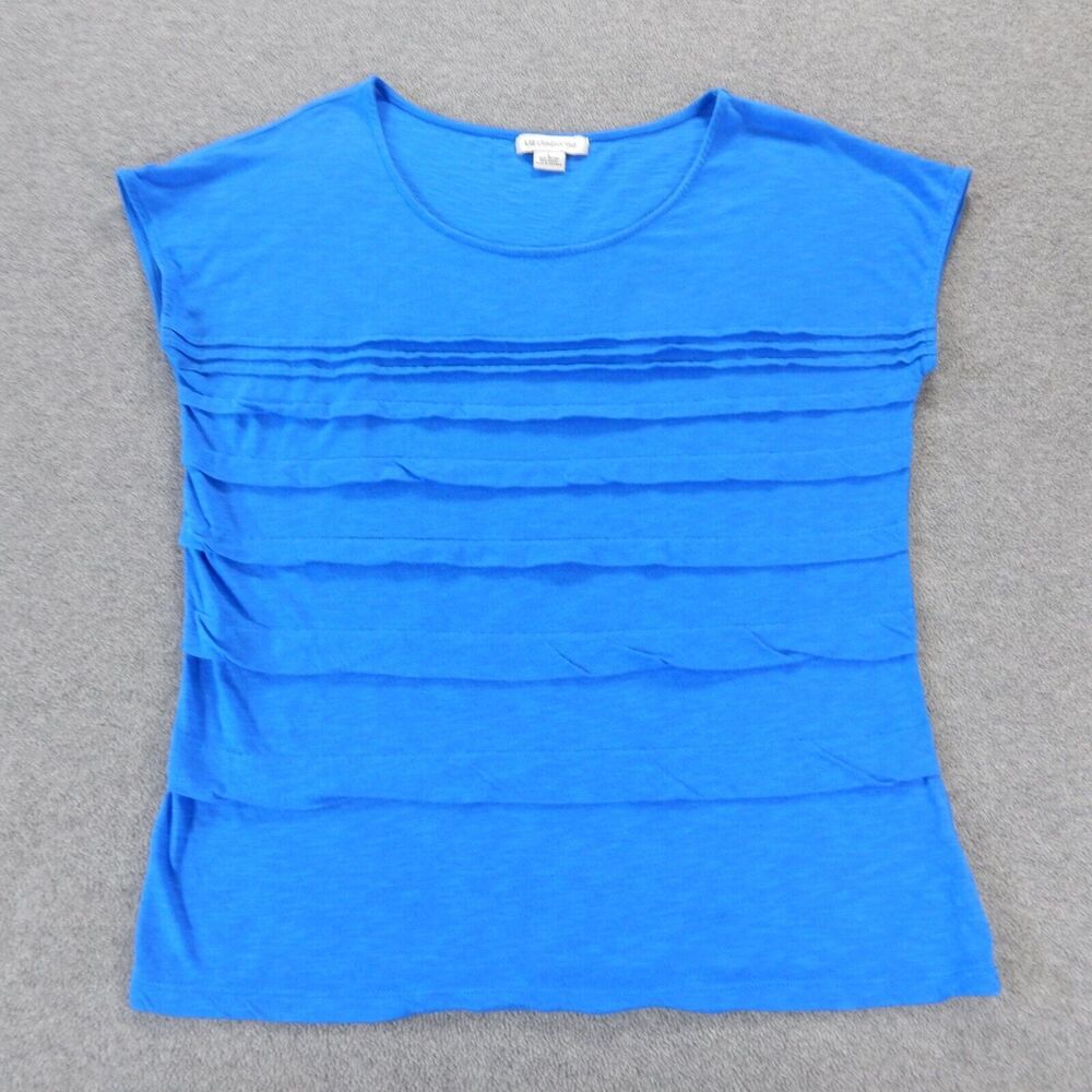 Liz Claiborne Womens Shirt Large Blue Solid Pleated Ruffle Boxy Cap Sleeve